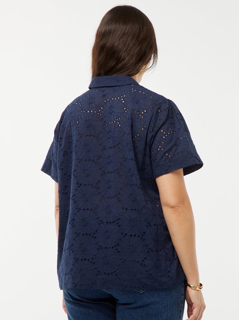 Blusa de manga corta con bordado inglés AZUL - Kiabi