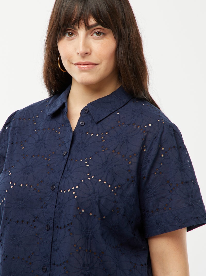 Blusa de manga corta con bordado inglés AZUL - Kiabi