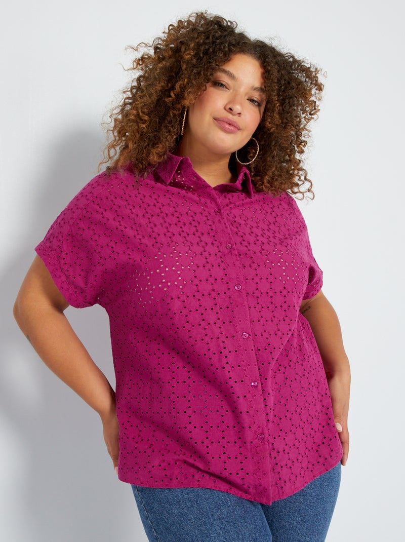 Blusa de manga corta con bordado inglés fucsia - Kiabi