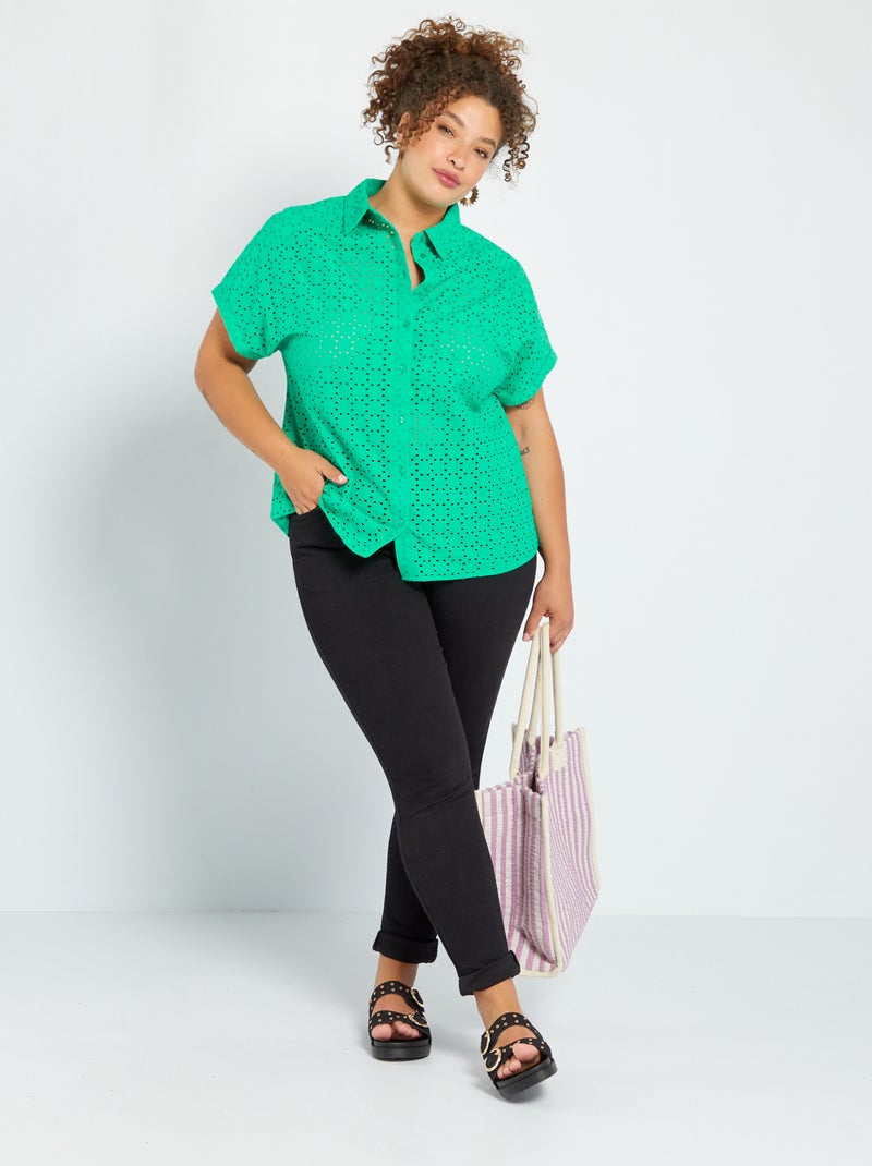 Blusa de manga corta con bordado inglés Verde - Kiabi