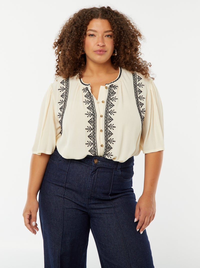 Blusa de manga corta con bordados Beige - Kiabi