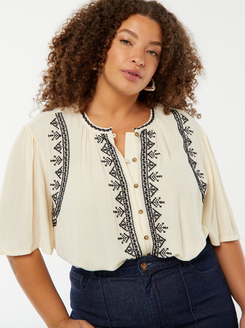 Blusa de manga corta con bordados Beige - Kiabi