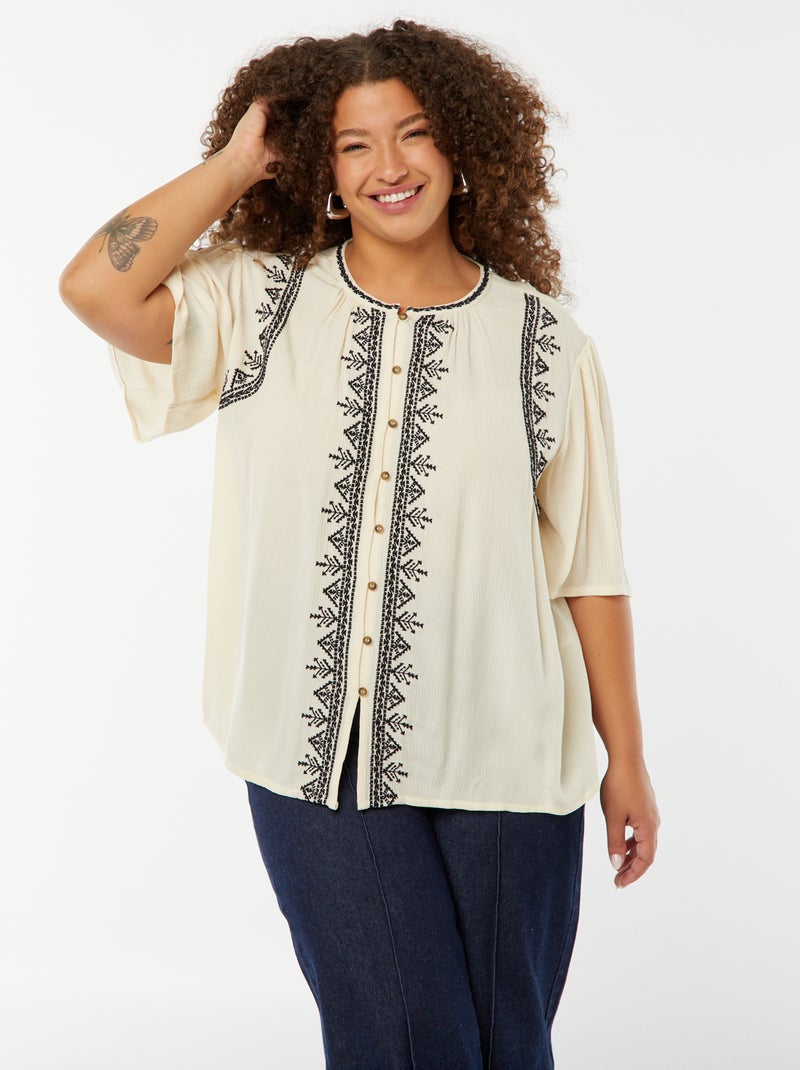 Blusa de manga corta con bordados Beige - Kiabi