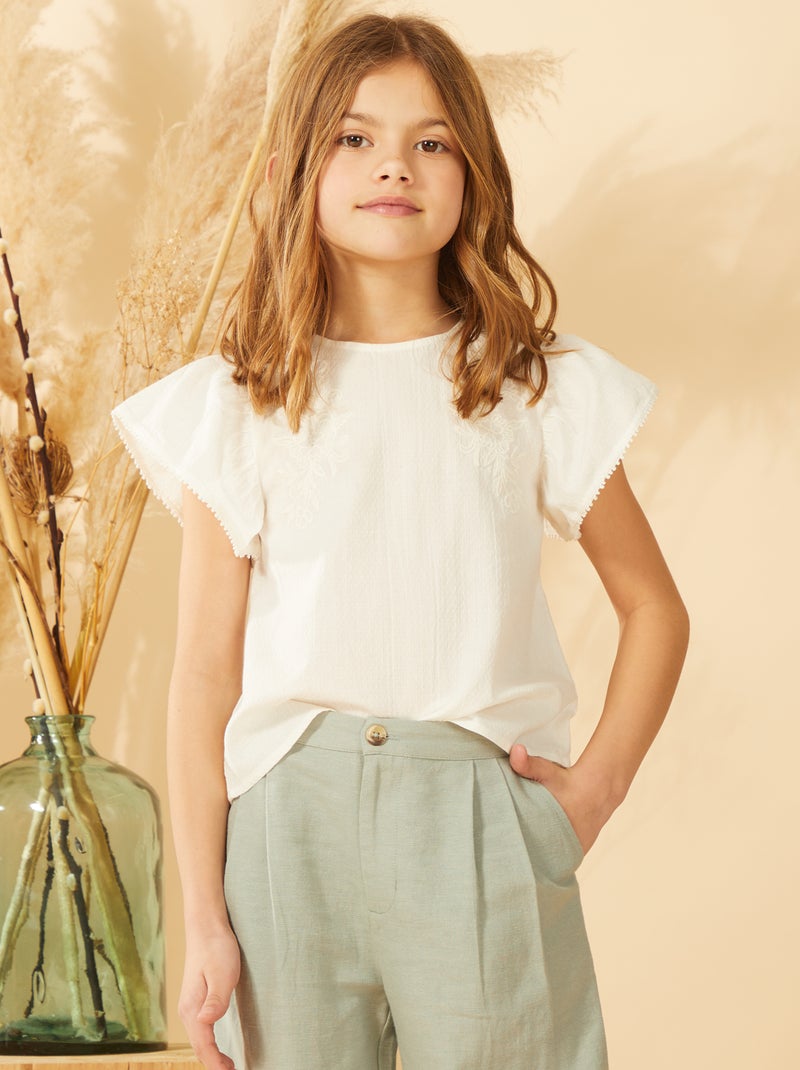 Blusa de manga corta con bordados BLANCO - Kiabi
