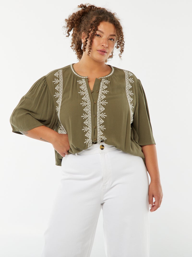 Blusa de manga corta con bordados Kaki - Kiabi