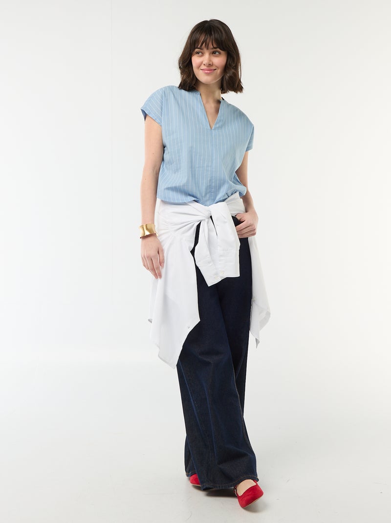 Blusa de manga corta con cuello en pico Azul - Kiabi