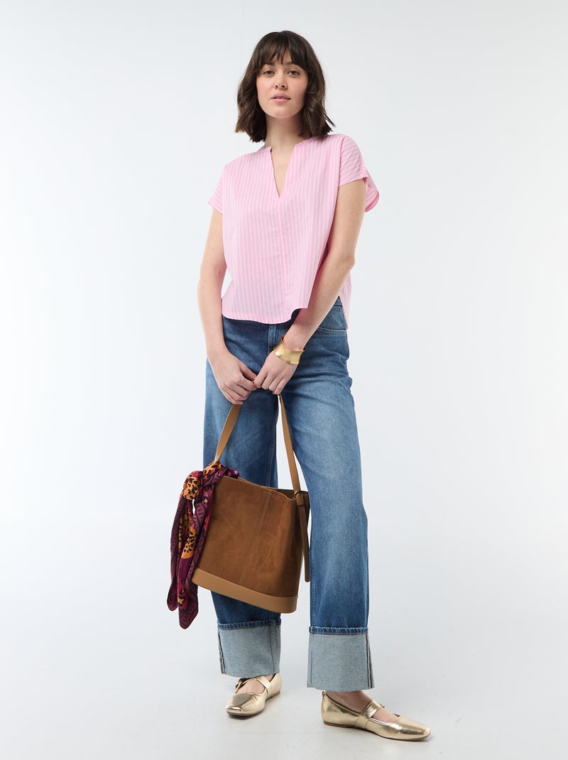 Blusa de manga corta con cuello en pico Rosa - Kiabi