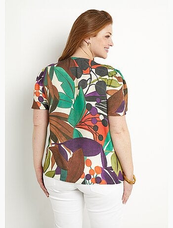 Blusa de manga corta con cuello en V y estampado de plantas - AFIBEL