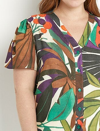 Blusa de manga corta con cuello en V y estampado de plantas - AFIBEL