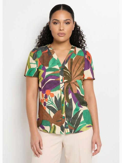 Blusa de manga corta con cuello en V y estampado de plantas - AFIBEL - Kiabi