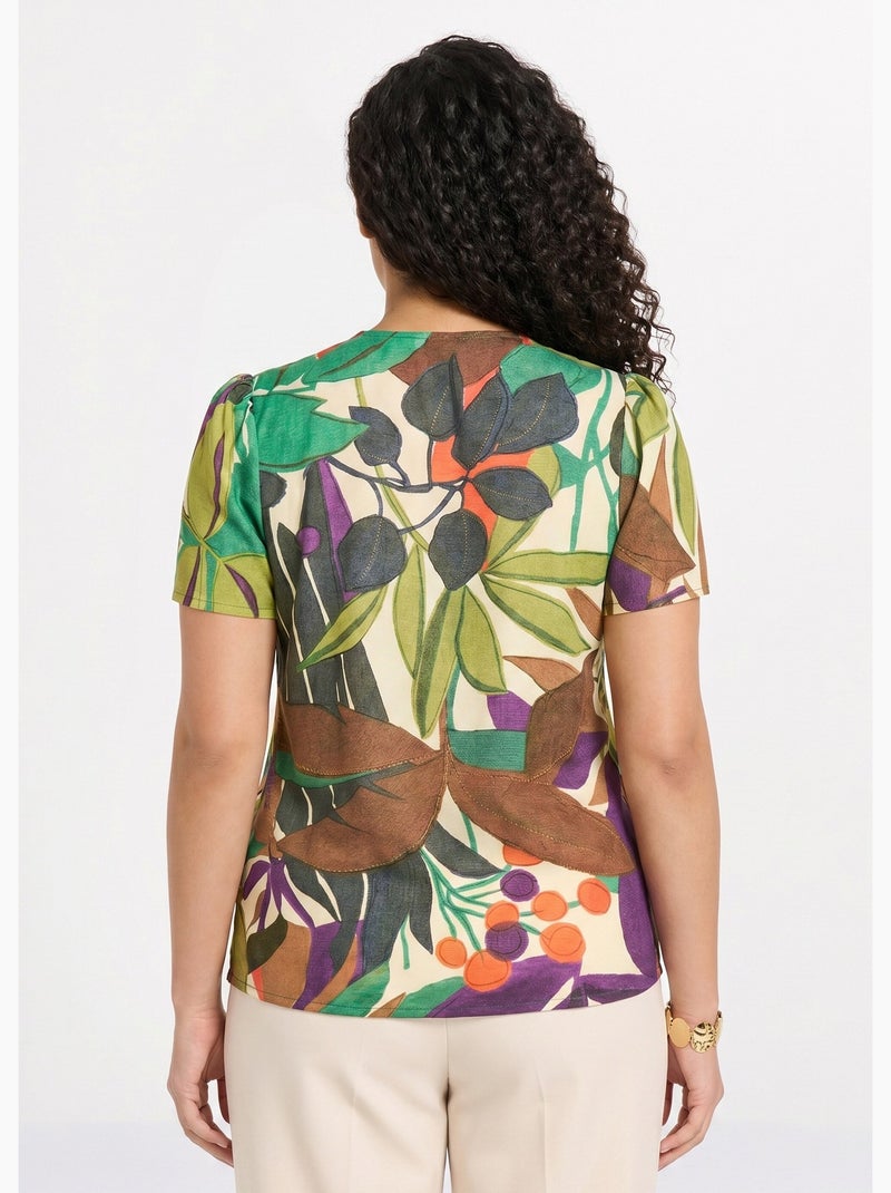 Blusa de manga corta con cuello en V y estampado de plantas - AFIBEL Multicolor - Kiabi