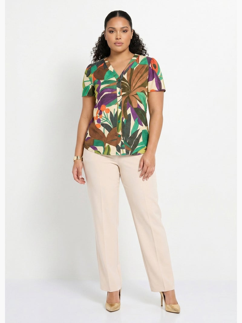 Blusa de manga corta con cuello en V y estampado de plantas - AFIBEL Multicolor - Kiabi