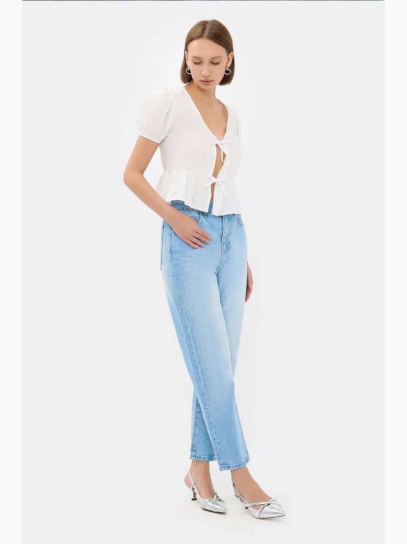 Blusa de manga corta con cuello en v y lazo frontal hiccup Blanco - Kiabi
