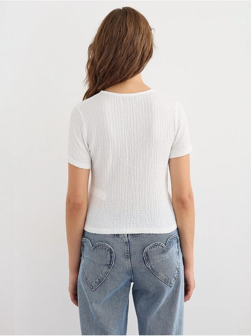Blusa de manga corta con detalle de lazo Blanco - Kiabi