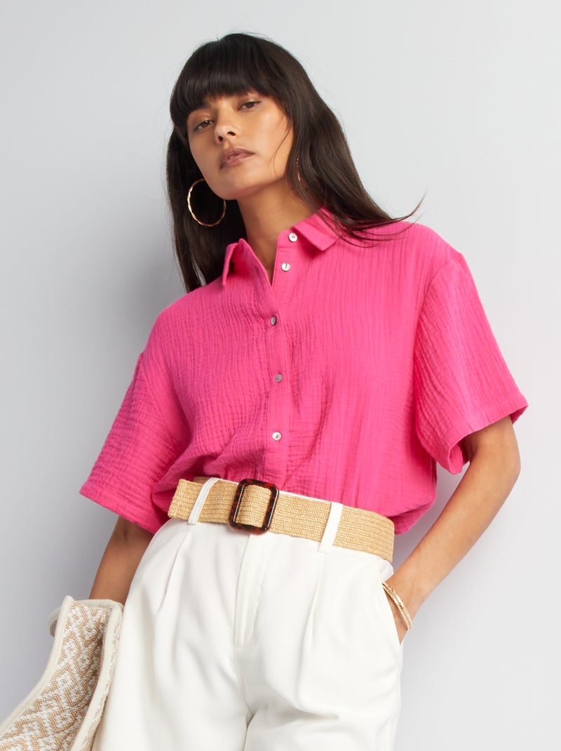 Blusa de manga corta de gasa de algodón ROSA - Kiabi