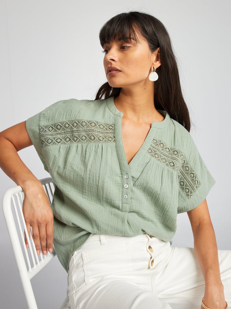 Blusa de manga corta de gasa de algodón VERDE - Kiabi