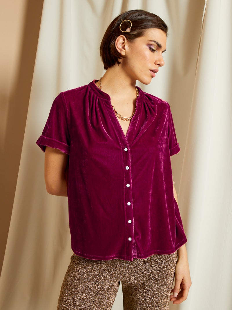 Blusa de manga corta de terciopelo rojo burdeos - Kiabi