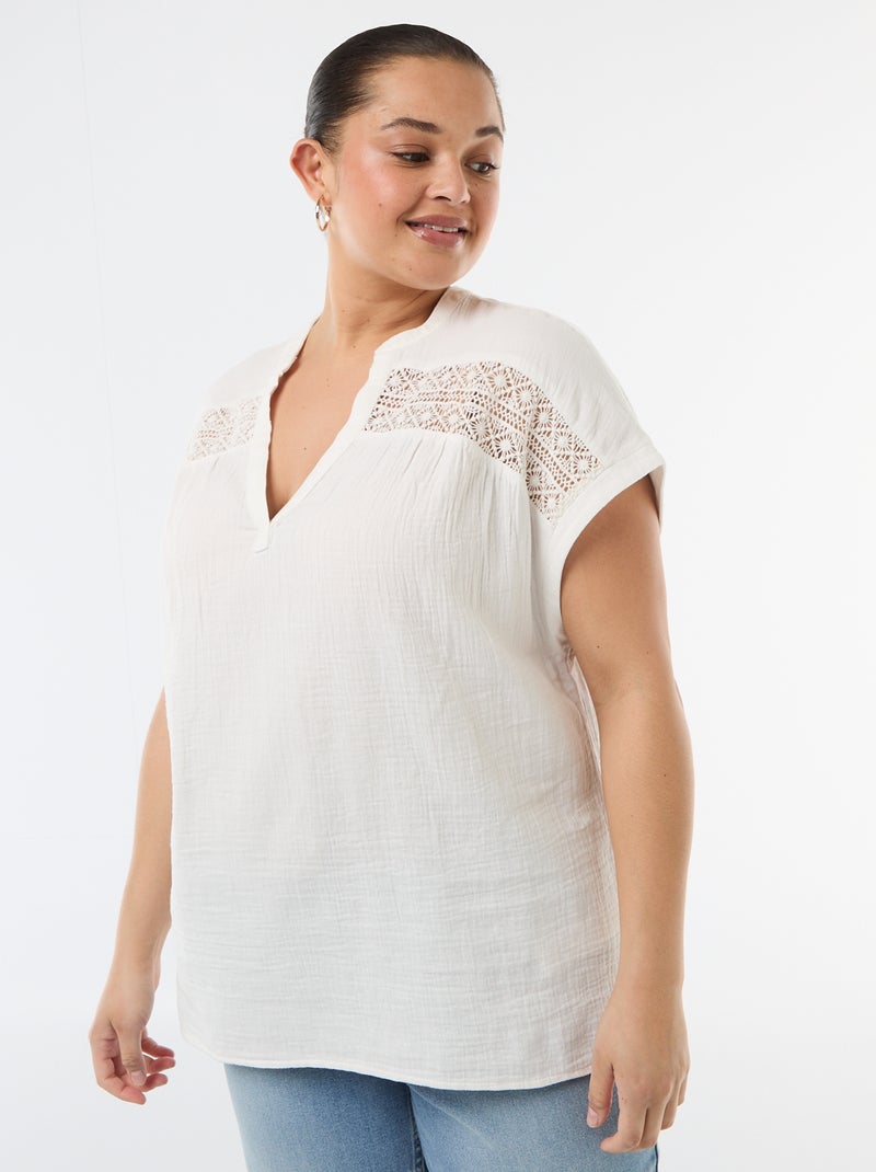 Blusa de manga corta en doble gasa de algodón Blanco - Kiabi