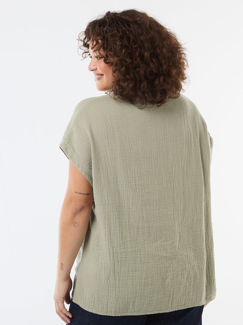 Blusa de manga corta en doble gasa de algodón Verde - Kiabi
