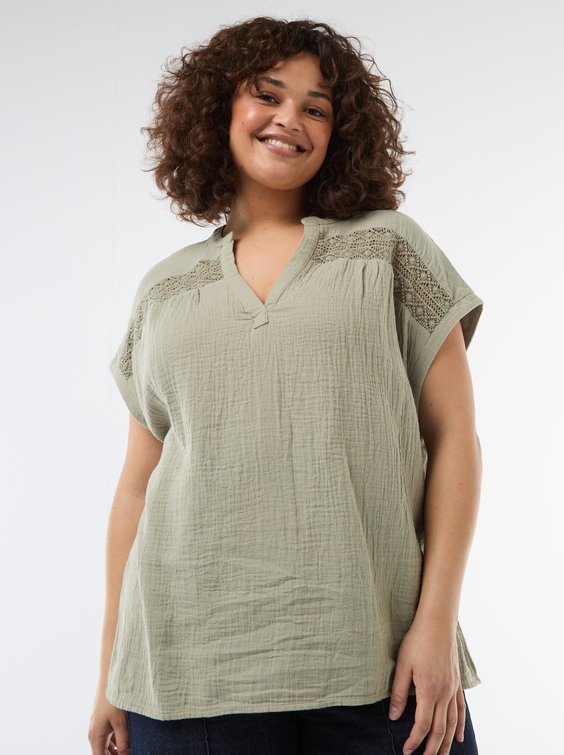 Blusa de manga corta en doble gasa de algodón Verde - Kiabi