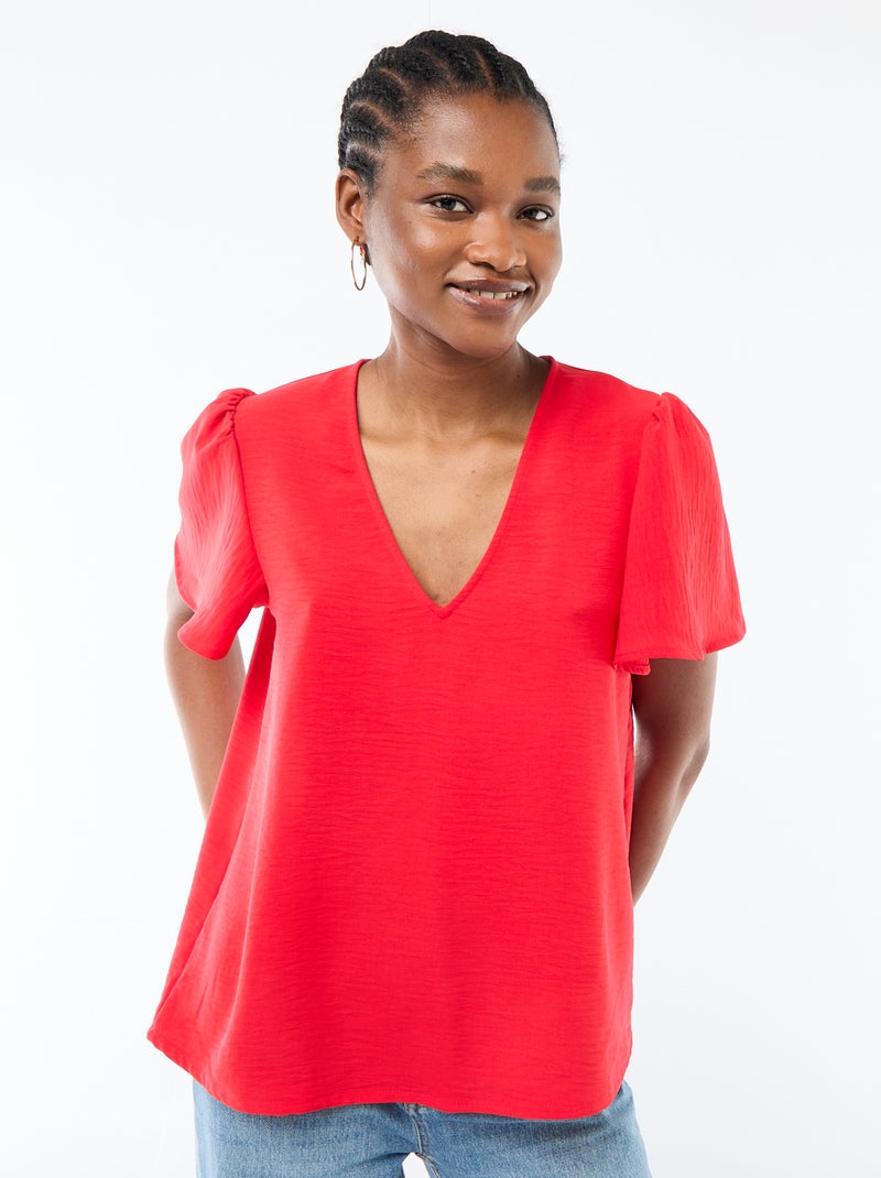 Blusa de manga corta y cuello en pico Rojo - Kiabi