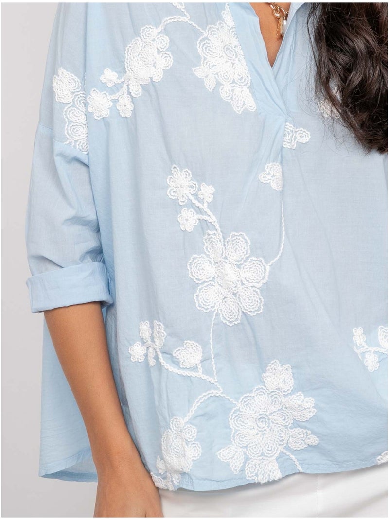 Blusa de manga larga con bordado OPEYA Azul cielo - Kiabi