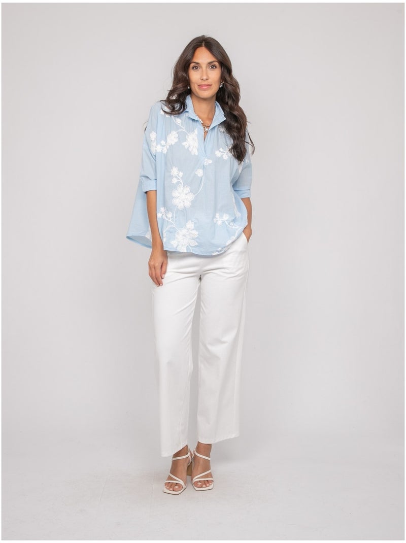 Blusa de manga larga con bordado OPEYA Azul cielo - Kiabi
