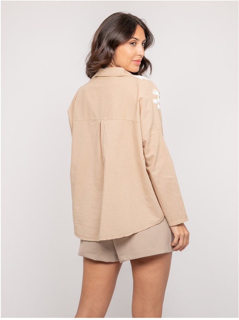 Blusa de manga larga con bordado OPEYA Beige - Kiabi
