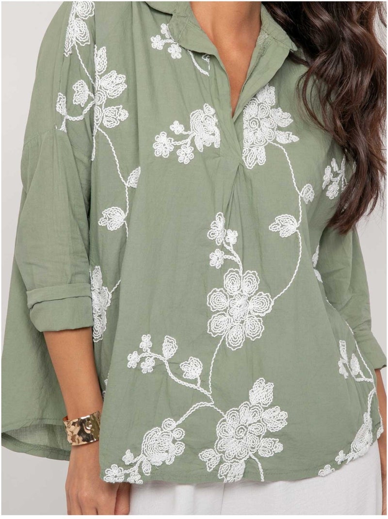 Blusa de manga larga con bordado OPEYA Caqui - Kiabi