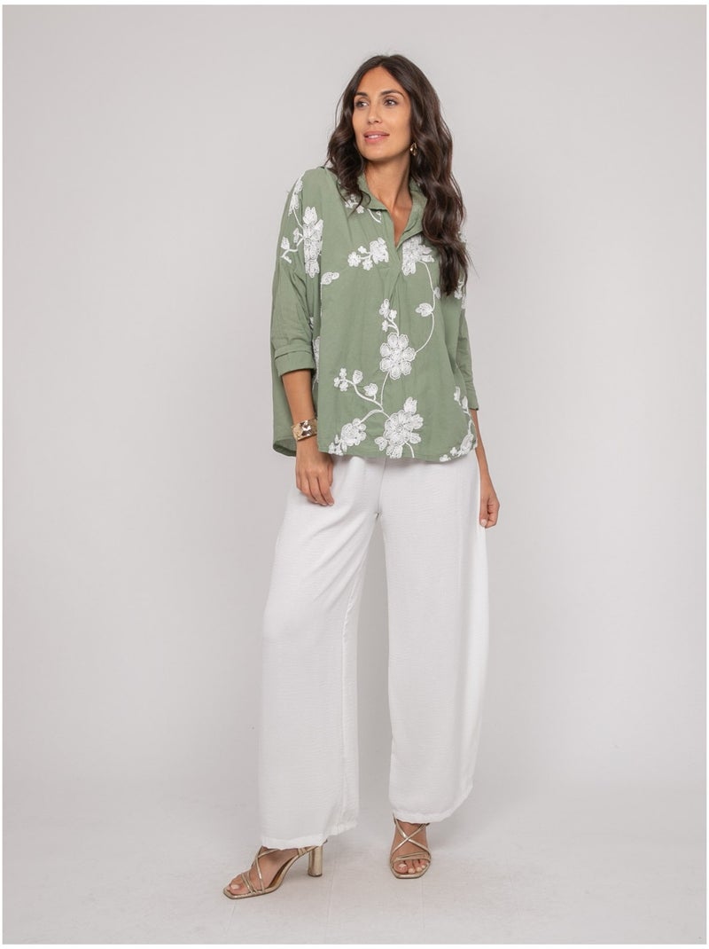 Blusa de manga larga con bordado OPEYA Caqui - Kiabi