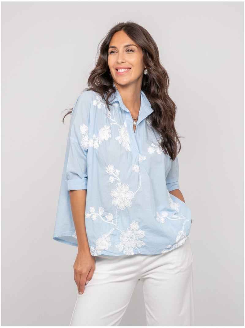 Blusa de manga larga con bordado OPEYA Caqui - Kiabi