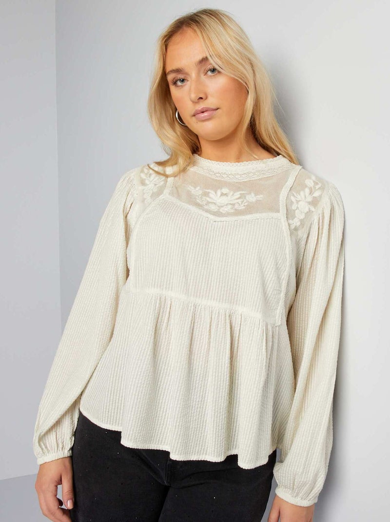 Blusa de manga larga con bordados BLANCO - Kiabi
