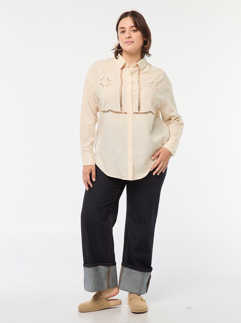 Blusa de manga larga con bordados calados Blanco - Kiabi