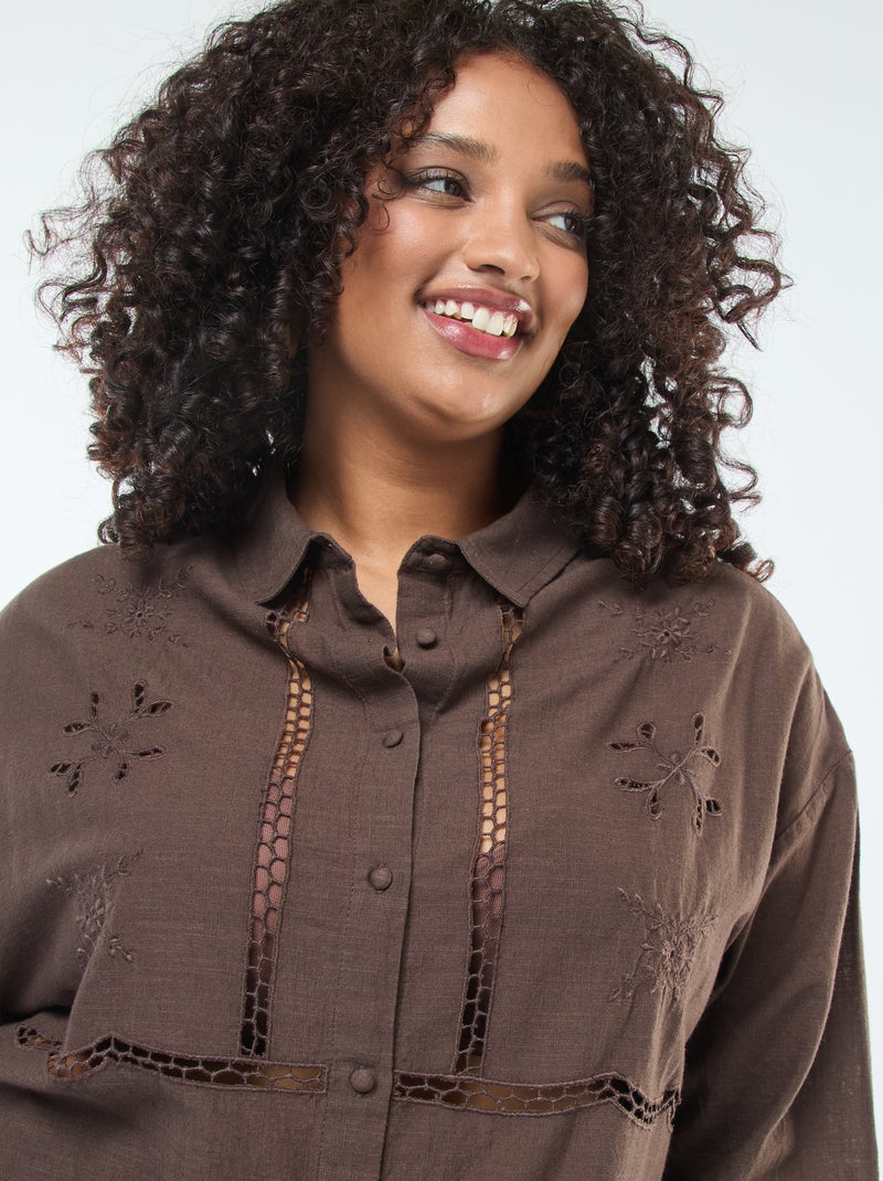 Blusa de manga larga con bordados calados Marron - Kiabi