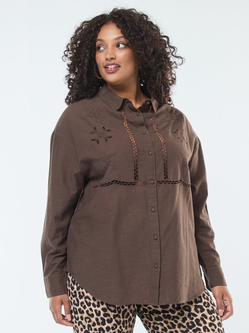 Blusa de manga larga con bordados calados Marron - Kiabi