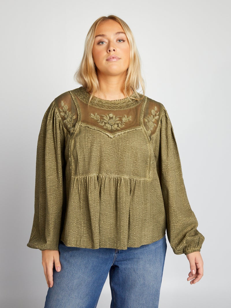Blusa de manga larga con bordados KAKI - Kiabi