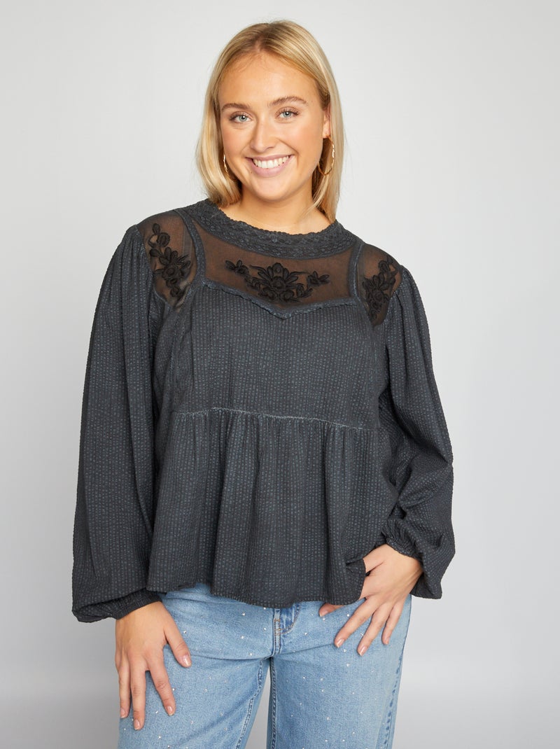 Blusa de manga larga con bordados negro - Kiabi