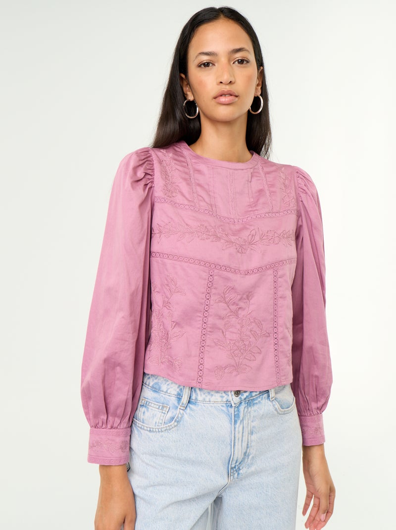 Blusa de manga larga con bordados Purpura - Kiabi