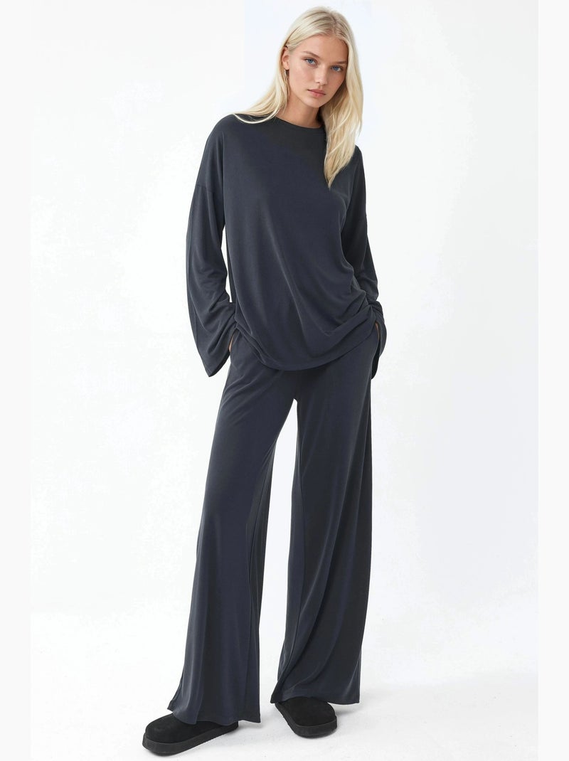 Blusa de manga larga con cuello redondo y ajuste relajado busem Gris negro - Kiabi