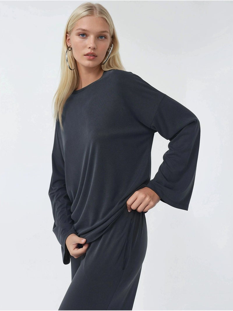 Blusa de manga larga con cuello redondo y ajuste relajado busem Gris negro - Kiabi