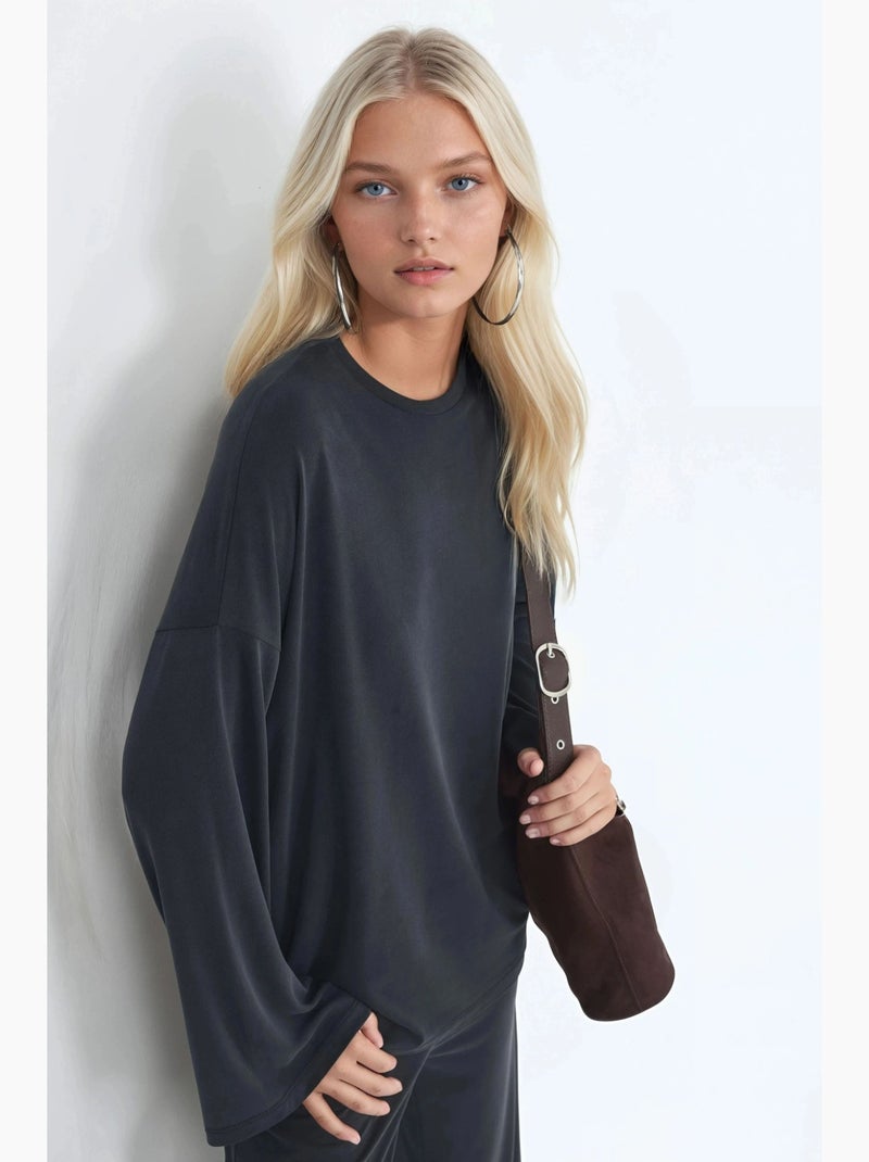 Blusa de manga larga con cuello redondo y ajuste relajado busem Gris negro - Kiabi
