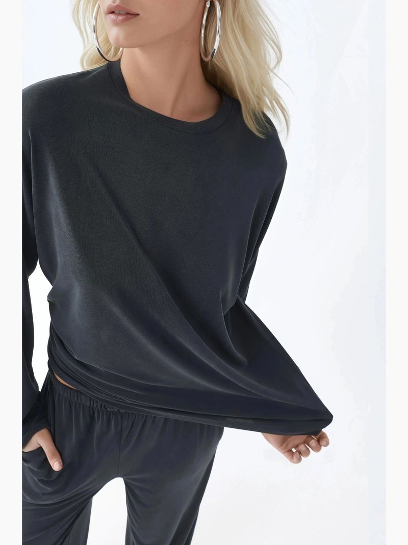 Blusa de manga larga con cuello redondo y ajuste relajado busem Gris negro - Kiabi