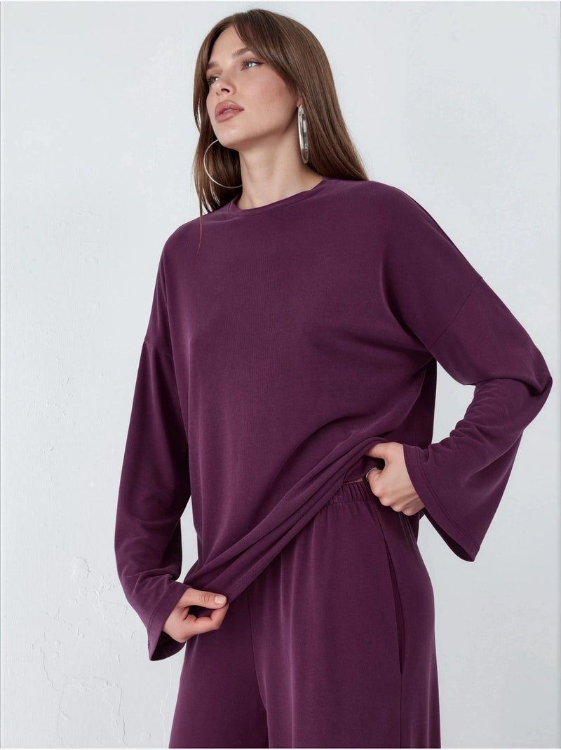 Blusa de manga larga con cuello redondo y ajuste relajado busem Malva - Kiabi
