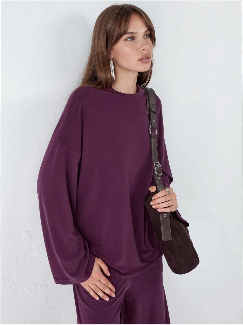 Blusa de manga larga con cuello redondo y ajuste relajado busem Malva - Kiabi