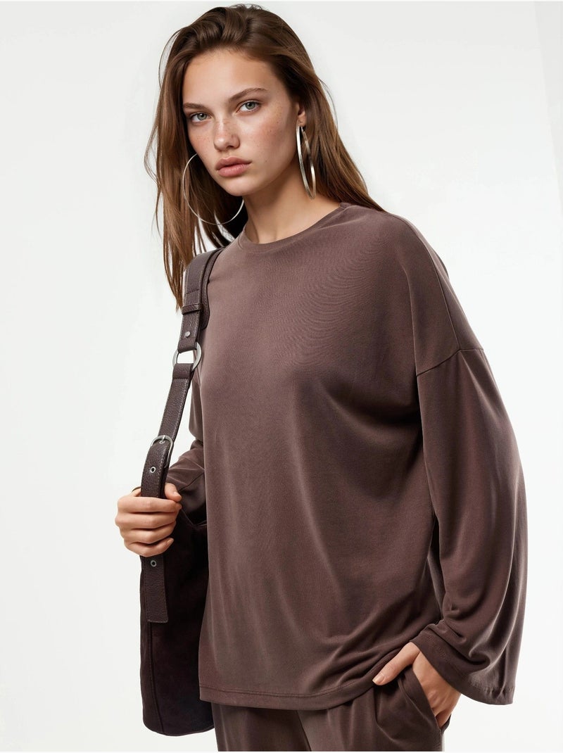 Blusa de manga larga con cuello redondo y ajuste relajado busem Marrón claro - Kiabi