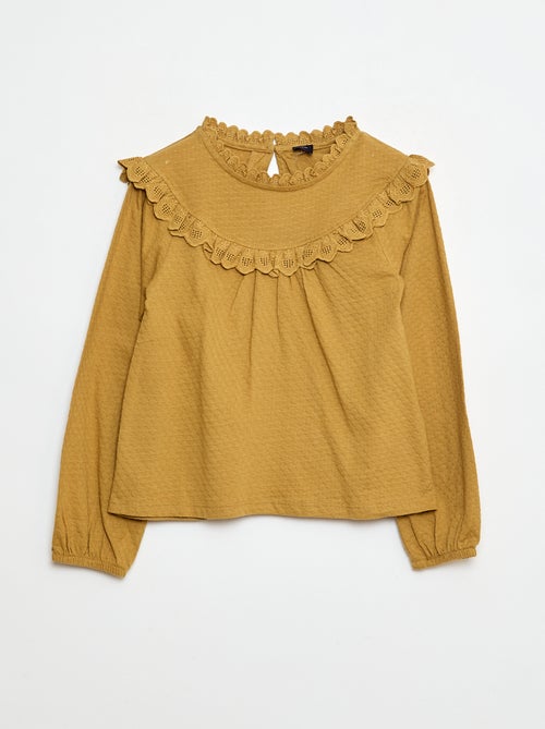 Blusa de manga larga con cuello redondo y pechera con volantes y bordados - Kiabi