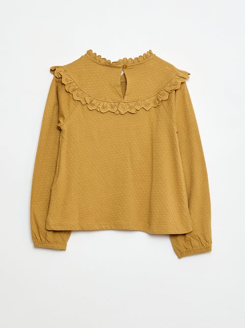 Blusa de manga larga con cuello redondo y pechera con volantes y bordados - Kiabi