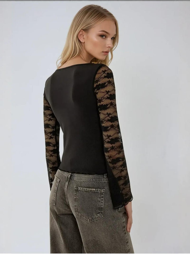 Blusa de manga larga con detalle de encaje Negro - Kiabi