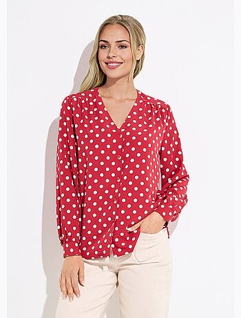 Blusa de manga larga con estampado de lunares y cuello en V - Afibel