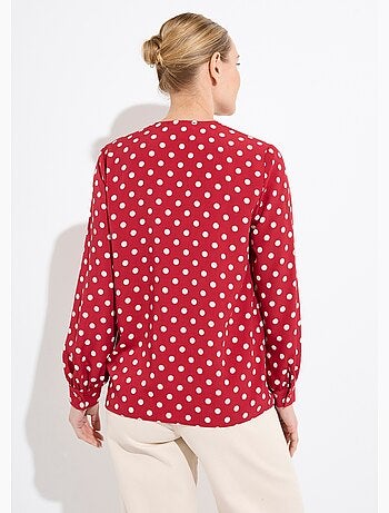 Blusa de manga larga con estampado de lunares y cuello en V - Afibel